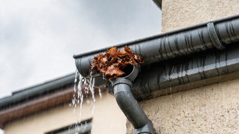 Verstopftes Fallrohr mit Herbstlaub an der Dachrinne eines Wohnhauses