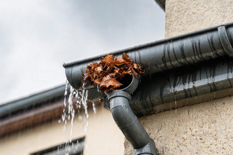 Verstopftes Fallrohr mit Herbstlaub an der Dachrinne eines Wohnhauses